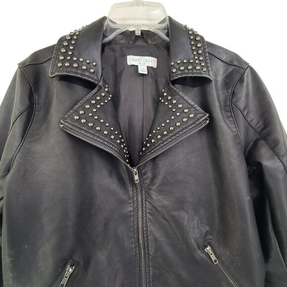 25.  Boutique Plus Black Faux Studded Zip Up Motorcycle Jacket Black Size 0X - Picture 3 of 12